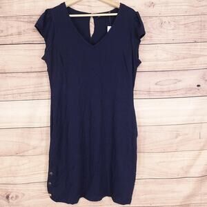 New York & Company Dress Womens Large Navy V Neck Cap Sleeve Side Button Shift